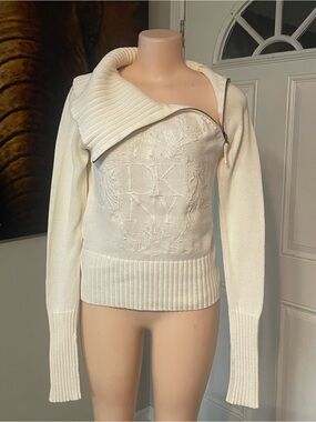 DKNY vintage 90s y2k Cream Knit Sweater Top diagonal collar zip graphic crest 89